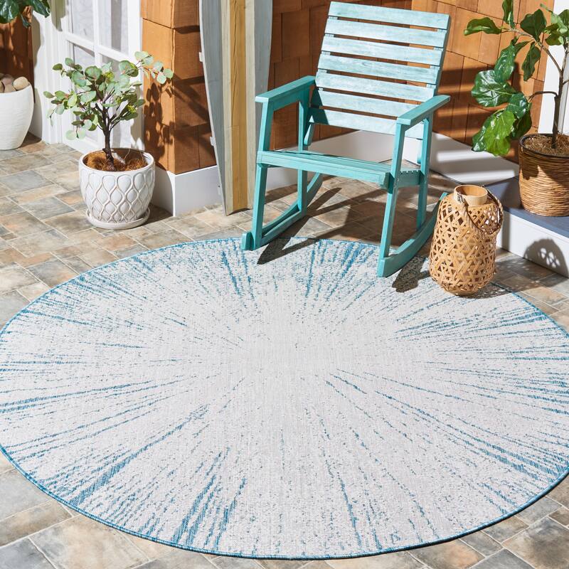SAFAVIEH Courtyard Sabaha Indoor/Outdoor Waterproof Patio Backyard Rug - 6'7" Round - Beige/Aqua