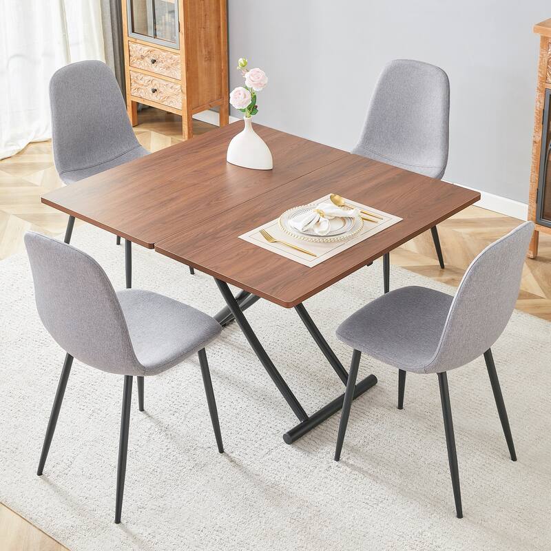 5-Piece Modern Lift Top Dining Table Set, Square Folding Wood Table with Metal Legs & 4 Linen Chairs for Small Spaces