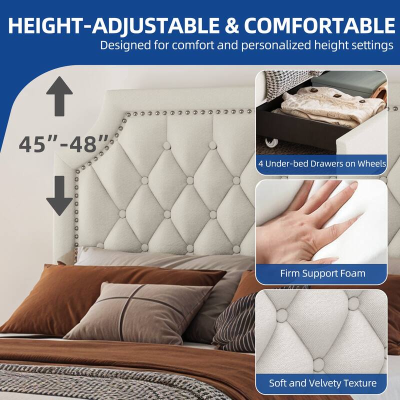 Moasis Velvet/Linen Upholstered Bedframe with Adjustable Headboard and 4 Storage Drawers