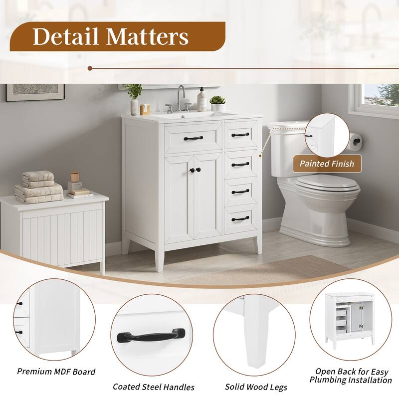 30" White Freestanding Bathroom Vanity with Ceramic Sink and Black Hardware