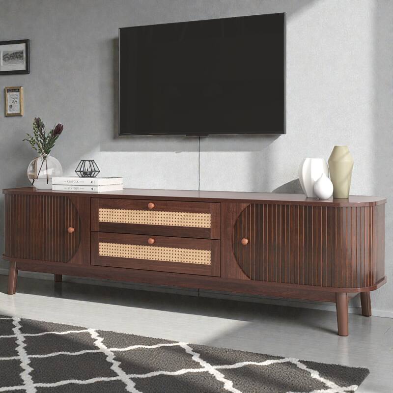 Rattan TV Stand for TVs up to 75'', Modern Farmhouse Entertainment Center with Solid Wood Legs and Storage Cabinets