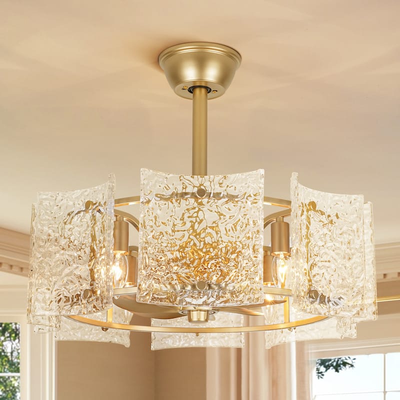 23.2 in. 4-Light Modern Gold Drum Ceiling Fan with Textured Glass Shade - 23.23 in. W x 7.87 in. H - 23.23 in. W x 7.87 in. H - Gold - Remote