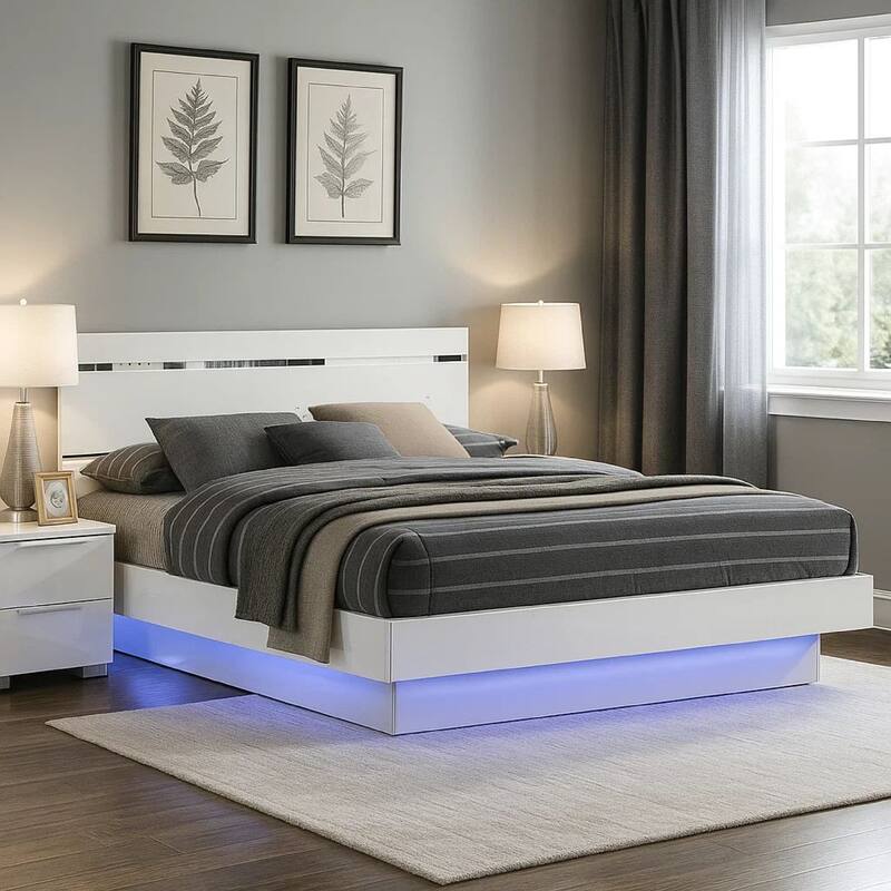 Pero King Size Bed w Silver Trimmed Headboard, LED Footboard, White