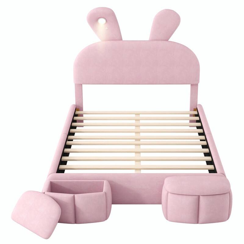 Full Size Upholstered Platform Bed with Cartoon Ears Headboard & Built-In Light