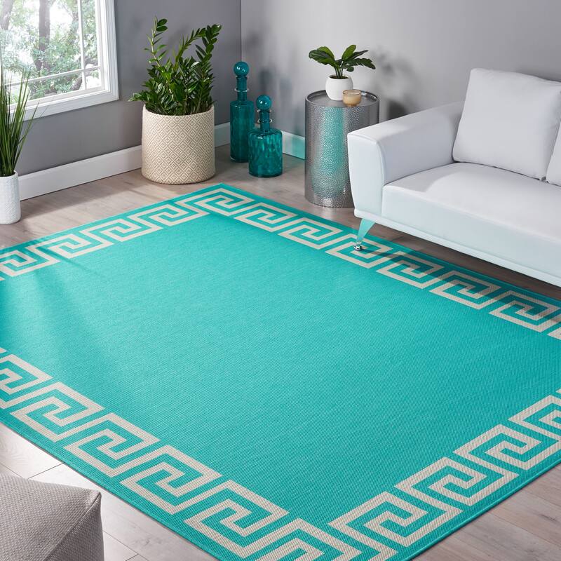 Turquoise Outdoor Area Rug with Greek Key Border, Durable Polypropylene, Ideal for Outdoor Spaces - 9'3" x 12'3"