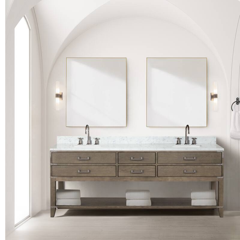 Lexora Norwalk Bath Vanity, Carrara Marble Top, Faucet Set, and Mirror - 84 Inch - Grey Oak