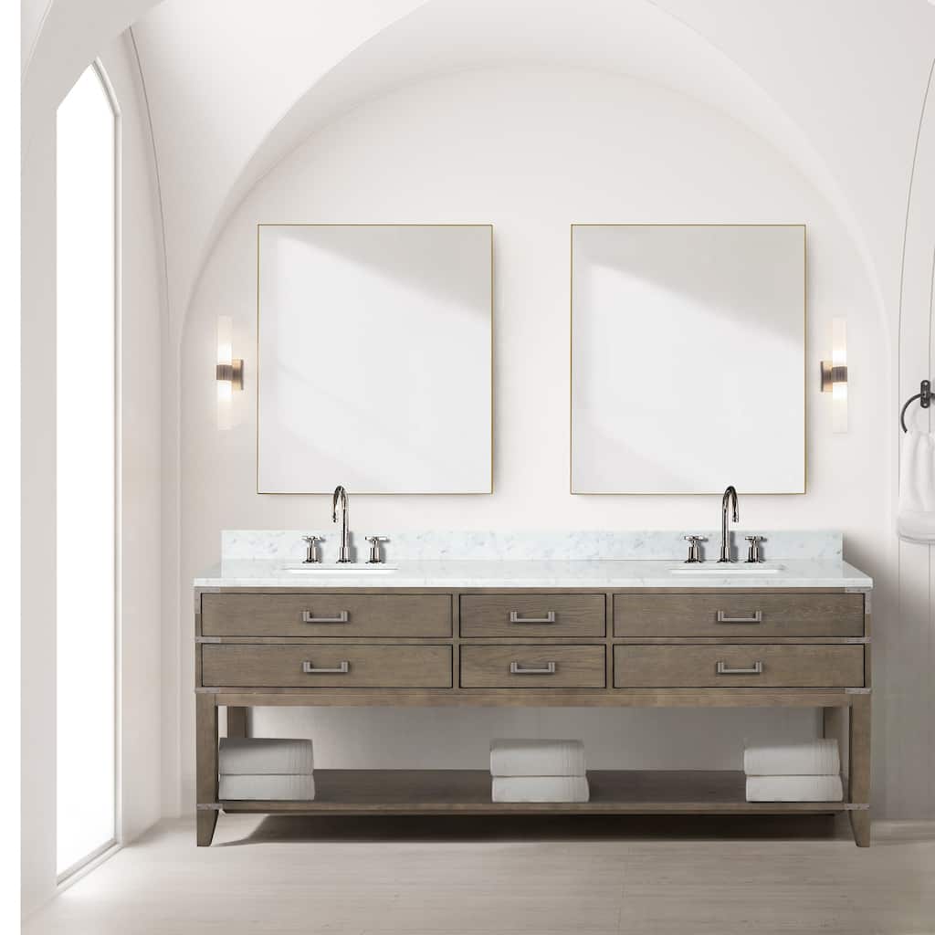 Lexora Norwalk Bath Vanity, Carrara Marble Top, Faucet Set, and Mirror
