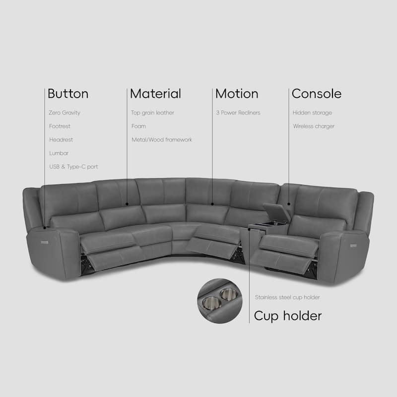 6PCS, 3 power Recliners, Leather Reclining Sectional with Wireless Charge & Pop-Out Cup Holders