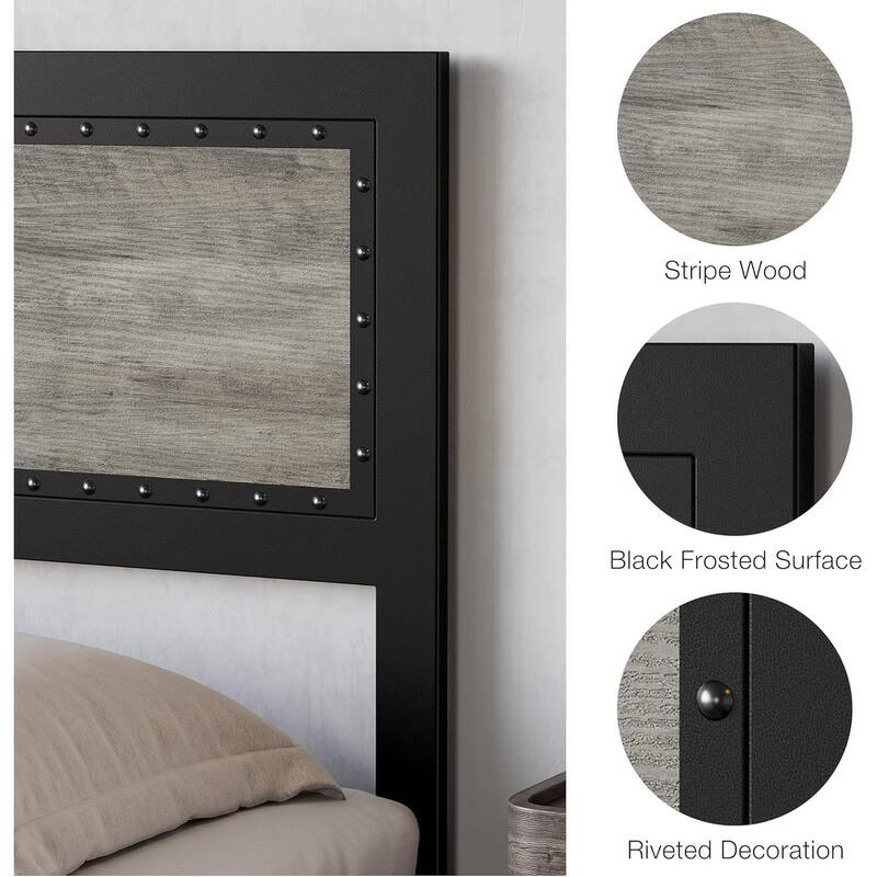 Platform Bed with Headboard, 4 Storage Drawers & Charging Station, Rivet Detail, Metal Slats, Gray