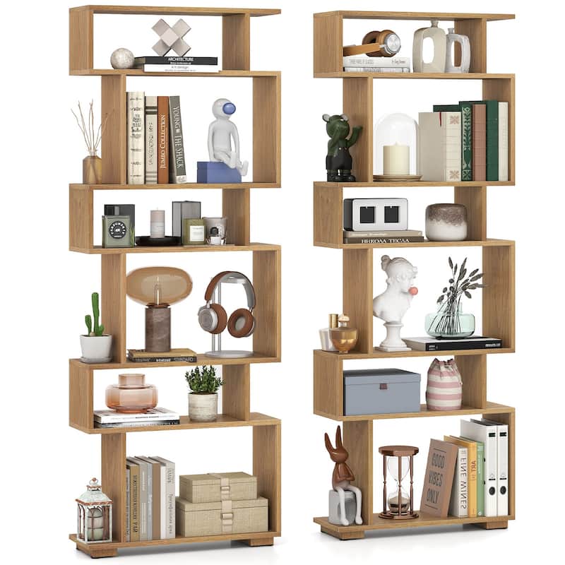 Gymax 2PCS 6-tier Storage Bookshelf Tall Display Shelf w/ - Natural