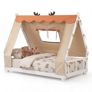Gymax Twin Size House Floor Bed w/ TentWood Bed Frame w/ Roof Window &