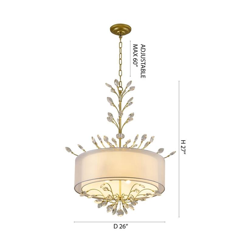 6-Light Aged Silver Branch Chandelier With A Fabric Shade And Crystals