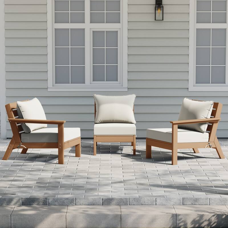 Polytrends Birchwood All Weather HDPE Outdoor Patio Deep Seating Teak Sofa With Cushions (3-Piece)