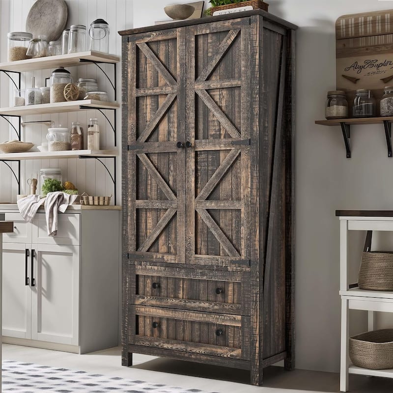 64" Farmhouse Tall Kitchen Pantry Storage Cabinet with 2 Drawers & Doors - Rustic Oak
