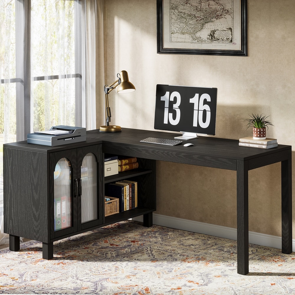 59 Inch L-Shaped Desk with File Cabinet and Storage Shelves, Corner Desk for Home Office