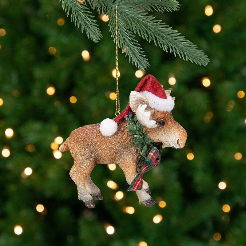 3.5-Inch Moose Wearing Santa Hat and Plaid Bow Christmas Ornament - 3.5"