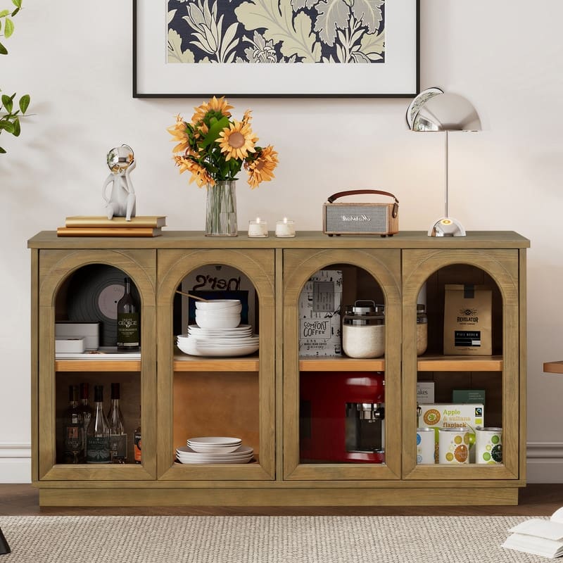 57.7" Large Sideboard Buffet Cabinet with Adjustable Shelves and Glass Doors for Kitchen and Dining Room - Natural