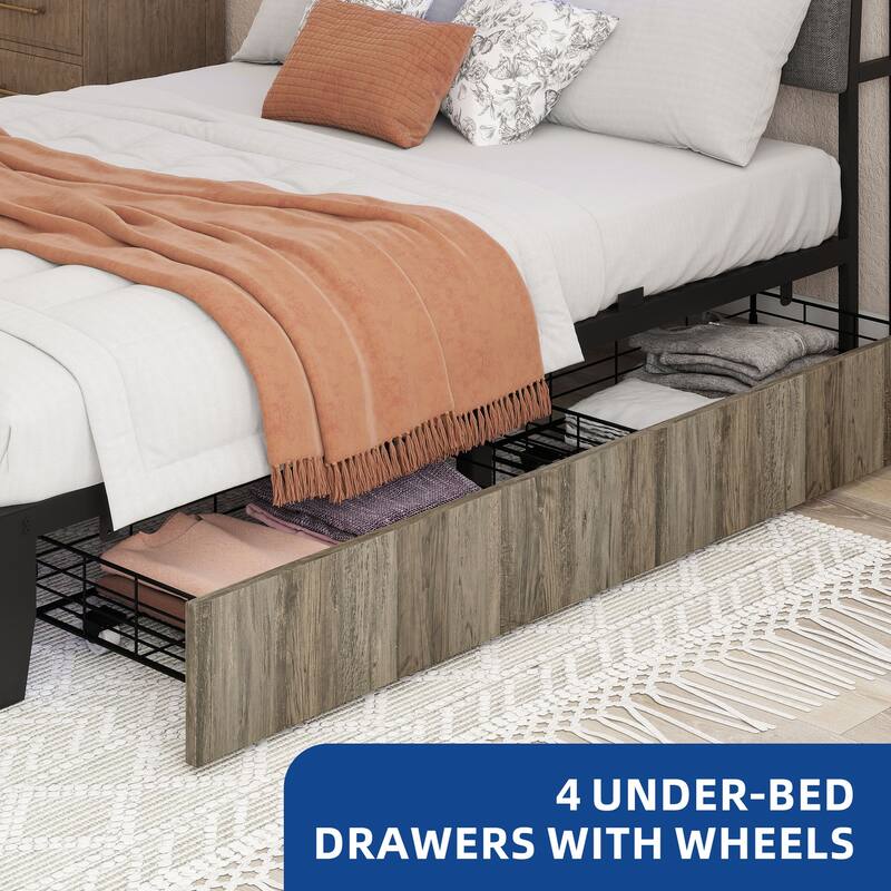 Moasis Rustic Grey Storage Platform Bed Frame with Storage Headboard with Power Outlets and 4 Drawers