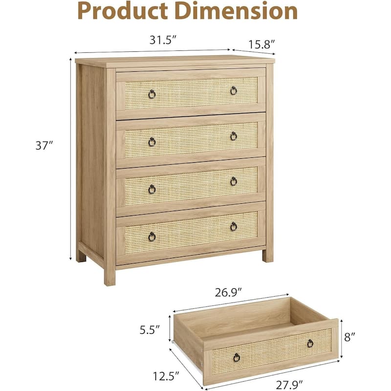 Rattan Dresser Storage Cabinet for Bedroom Living Room, Natural Oak