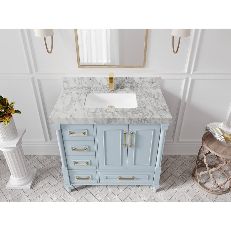 Willow Collections 36 in. W x 22 in. D Reeded Aberdeen Center Right Offset Sink Bathroom Vanity with Countertop - Blue Heather - 2"Carrara Marble
