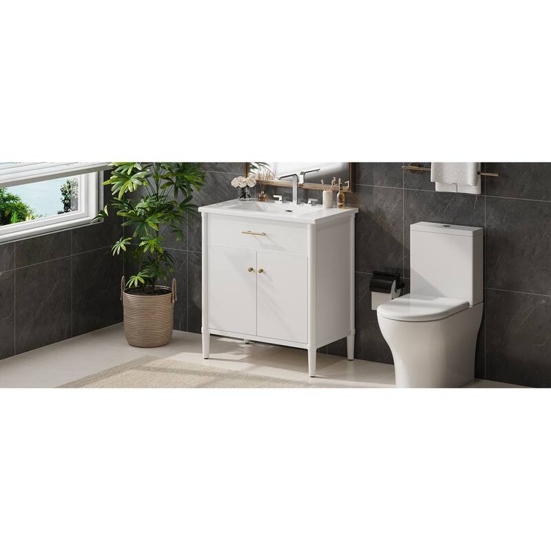 Bathroom Vanity with Ceramic Sink, Wooden Bathroom Storage Cabinet, Bathroom Cabinet with Soft Close Doors & Adjustable Shelf