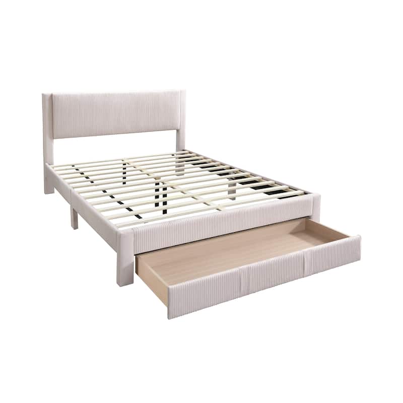 Queen Size Corduroy Platform Bed with Storage Drawer and Channel-Tufted Headboard and Contemporary Design