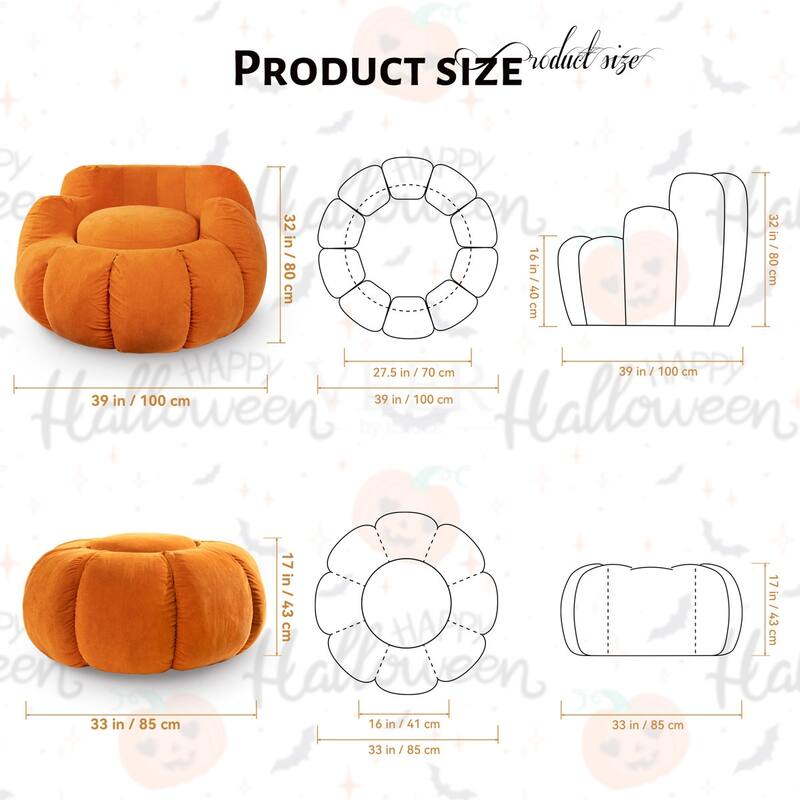 WOWMAX Pumpkin Bean Bag Sofa Chair, Giant Bean Bag Chair, Oversized Bean Bag Couch for Gaming, Reading, Orange