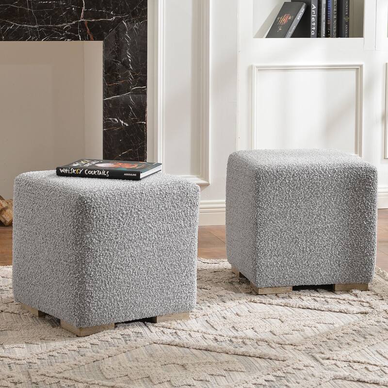 KINWELL 18.5" W Square Boucle Upholstered Ottoman Entryway Footstool - Set of 2 - Grey