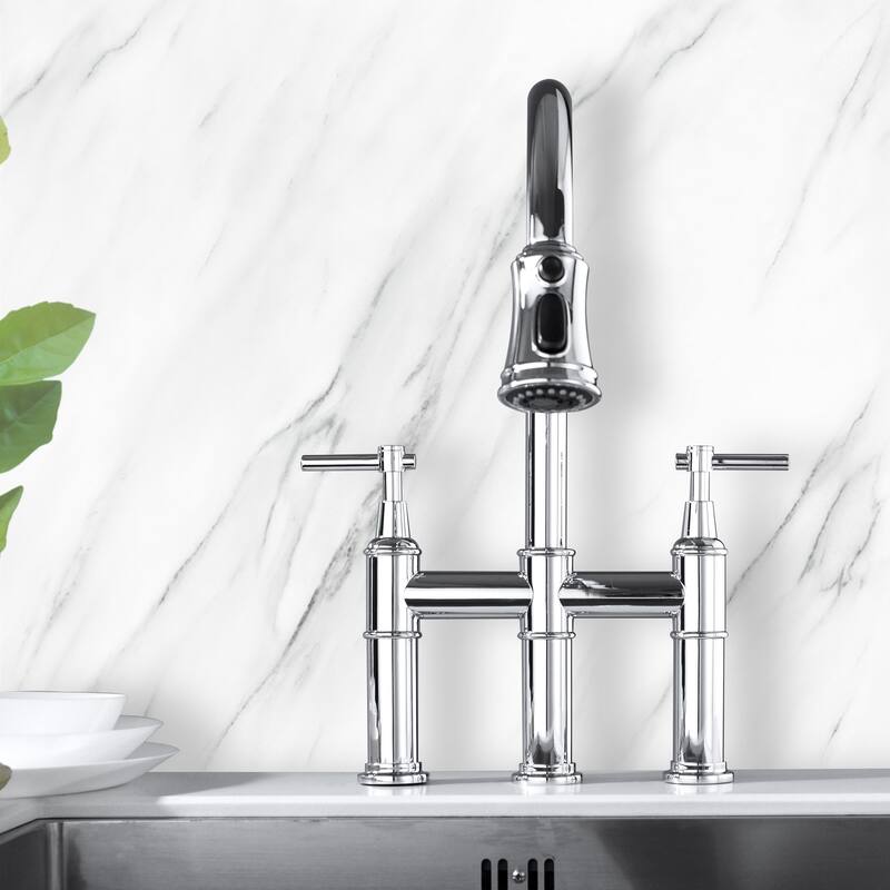 Transitional Bridge Kitchen Faucet with Pull-Down Sprayhead, Double Handle Kitchen Sink Faucet - Chrome/Clear