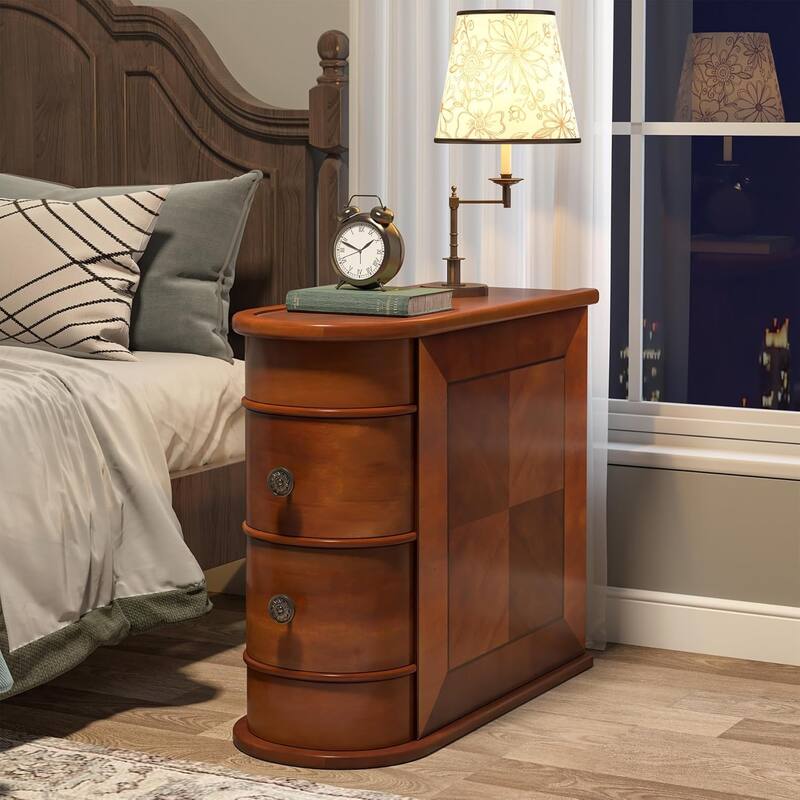 10.8 Inches Narrow End Table with 2 Drawers -Fully Assembled Solid Wood Side Table, Slim Nightstand