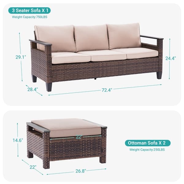 dimension image slide 3 of 4, Bonosuki 3 Pieces Patio Sofa with Ottomans, All-Weather PE Rattan Wicker Sofa Small Patio Conversation Couch with Cushion, Brown