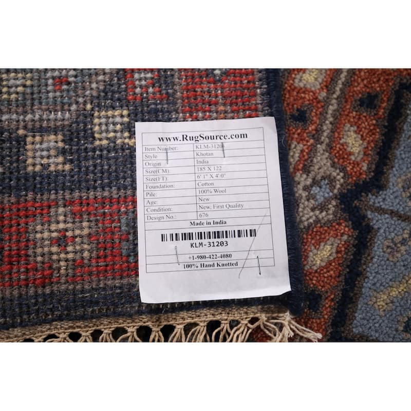 Geometric Navy Blue Khotan Indian Rug Hand-Knotted Wool Carpet - 4'0"x 6'1"