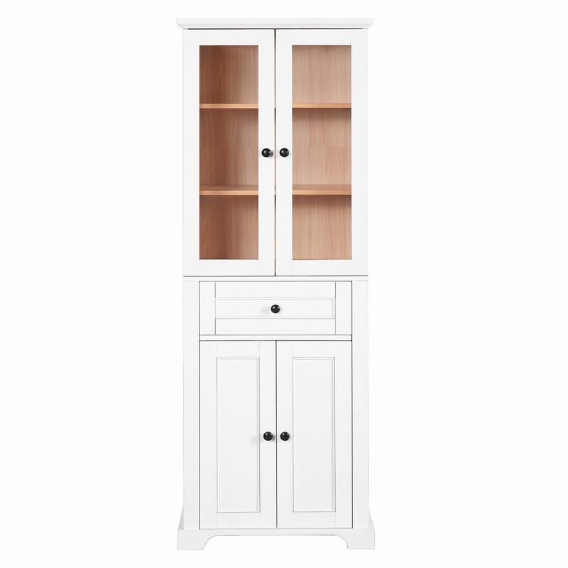 Modern 67.2"H Bathroom Storage Cabinet with Glass Doors Adjustable Shelves and Soft-Close Drawer
