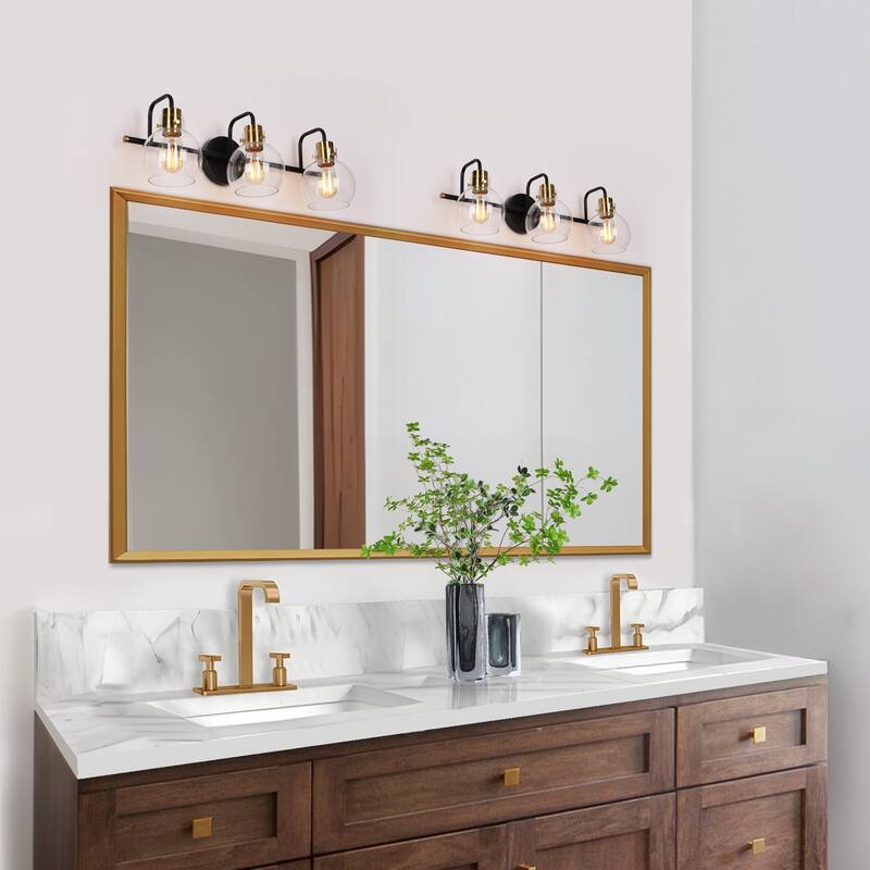 Modern 3-Light Black Gold Bathroom Vanity Lights Wall Lighting with Clear Globe Glass - 23" L x 8" W x 8" H