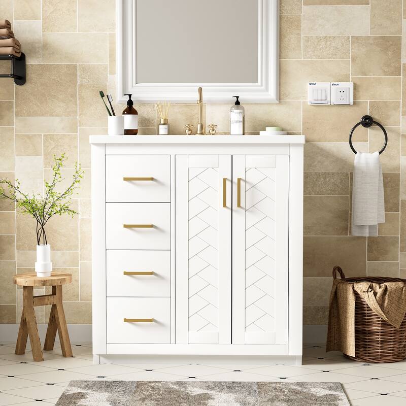 30" Bathroom Vanity with Ceramic Sink - Solid Wood Frame, 3 Drawers & 2 Soft-Close Doors - Modern Freestanding Storage Cabinet - White