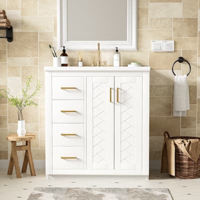 Freestanding Vanity Cabniet for Bathroom with Ceramic Sink, 3 Drawers, Soft Closing Doors and Gold Metal Handles