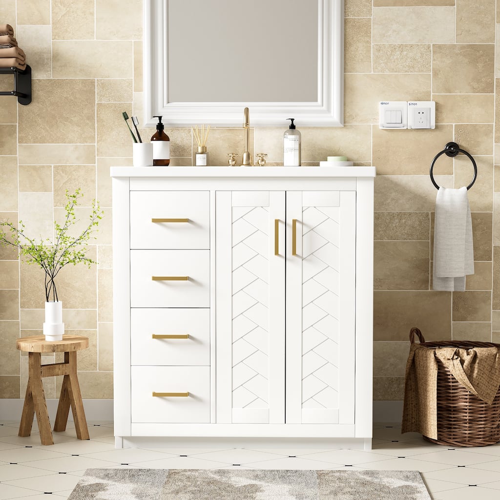 Freestanding Vanity Cabniet for Bathroom with Ceramic Sink, 3 Drawers, Soft Closing Doors and Gold Metal Handles