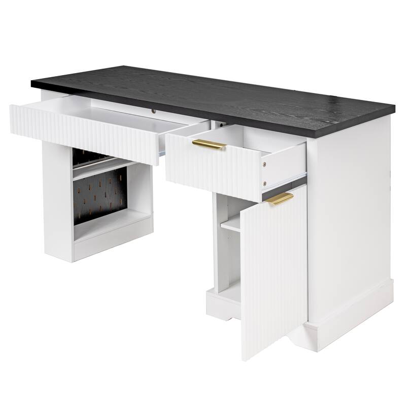 Roomfitters 55" Modern Fluted Office Desk with Charging Station, Storage Cabinet & Pegboard