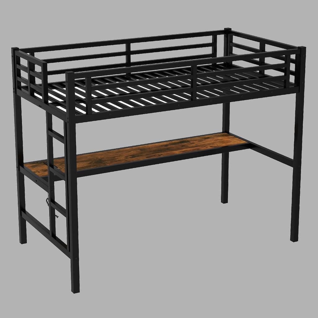 Metal Loft Bed with USB and LED Lights, Desk, and Power Outlet