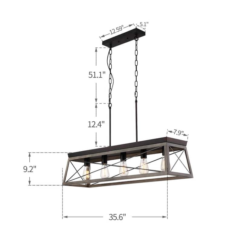 5-Light Antique Bronze Linear Kitchen Light Farmhouse Chandelier with Wood Open Frame - Brown