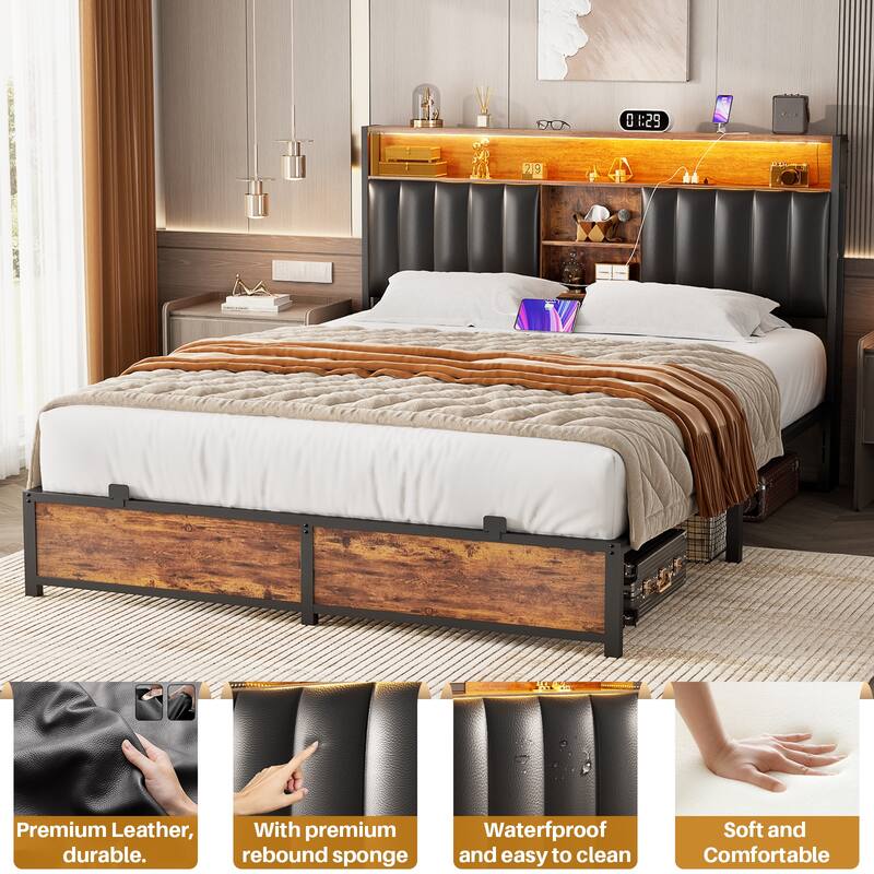 Upholstered Bed Frame with Storage Shelving, Platform Beds with Charge Station and LED Lights