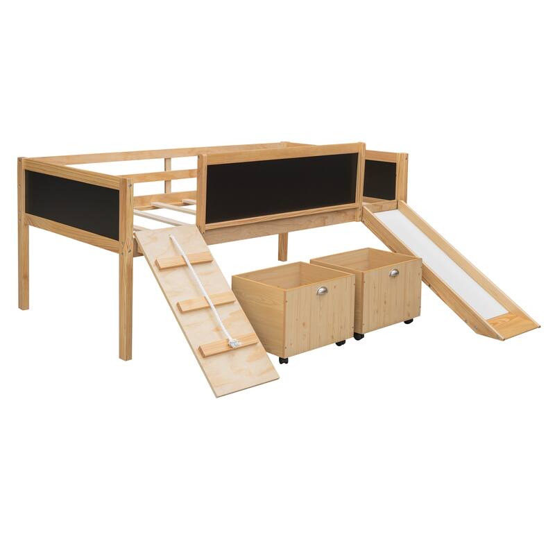 Pine Loft Bed with Climbing Frame, Rope, and DoubleSided Chalkboard