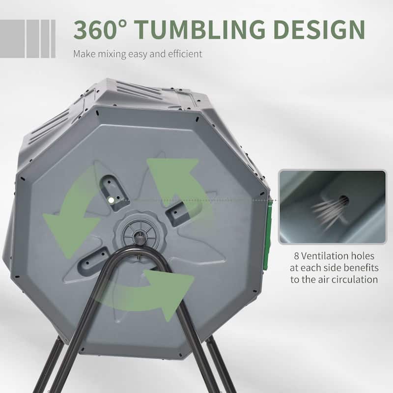 Outsunny Tumbling Compost Bin Outdoor Dual Chamber 360-deg Rotating Composter 43 Gallon w/ Sliding Doors & Solid Steel Frame
