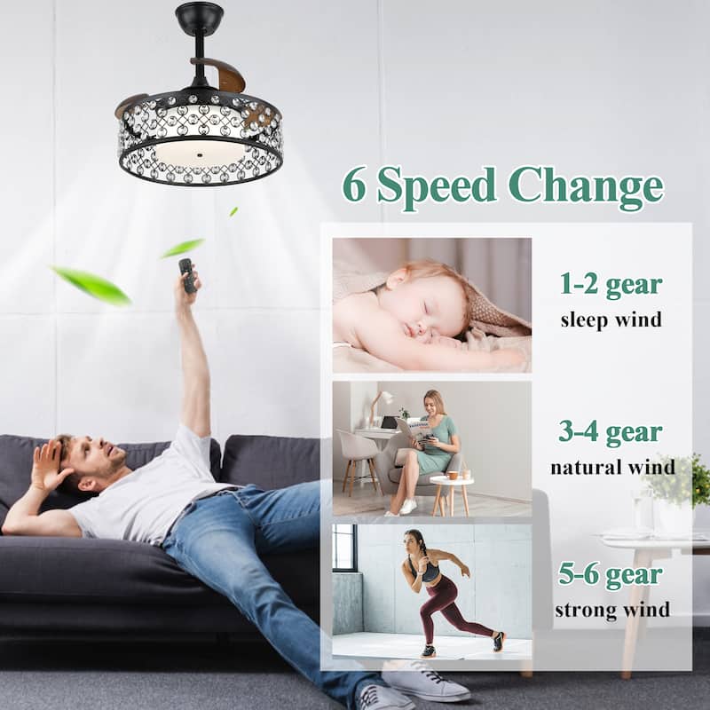 Cusp Barn 22" Retractable Ceiling Fan with Lights and Remote, Modern Crystal 6 Speeds Enclosed Ceiling Fans for Bedroom