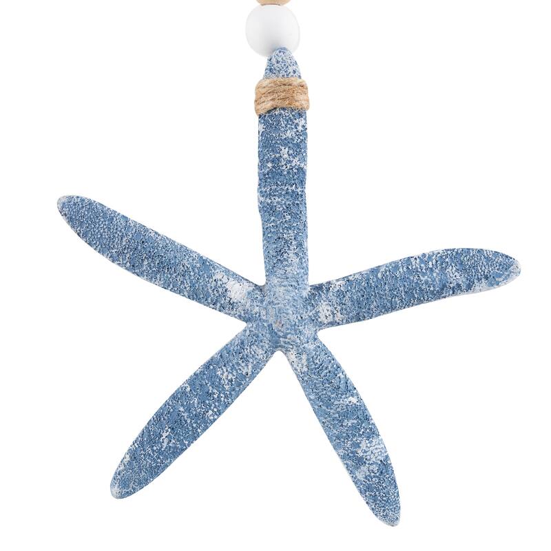 Blue Wood Handmade Textured Starfish Wall Decor with Long Beaded Hanging Rope (Set of 3)