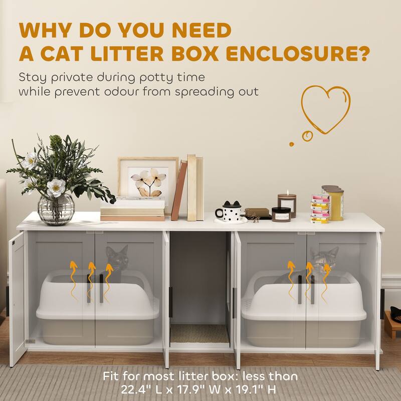 PawHut Cat Litter Box Enclosure for 2 Cats, Hidden Litter Box Furniture with Double Room, Scratching Mat