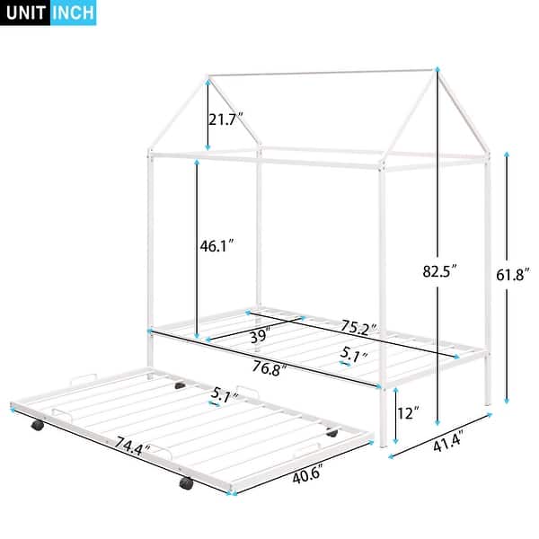 dimension image slide 1 of 2, Metal Twin Size Kids House Bed with Trundle
