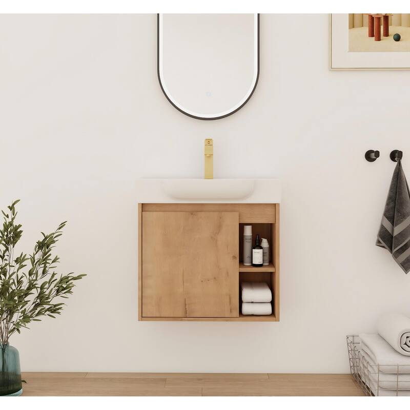 Bathroom Vanity With Sink In 24/28 Inch, Floating Bathroom Vanity With Soft Close Door - 23.6''W×13''D×22.8''H - Imitative Oak