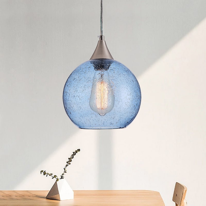Farmhouse 1-Light Brushed Nickel Pendant Lamp with Blue Seeded Glass Shade - Blue