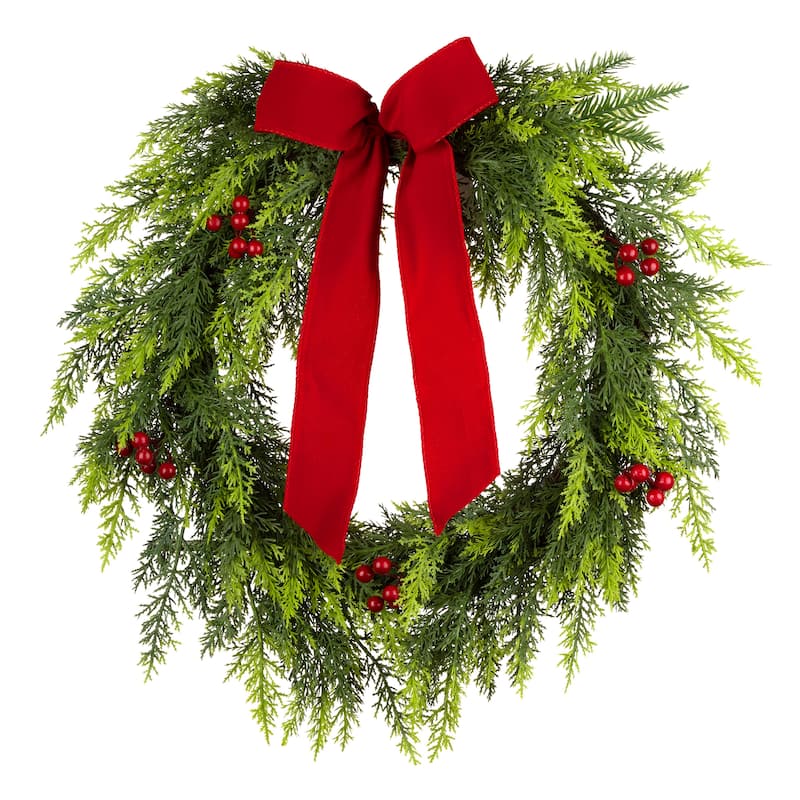 National Tree Company 2 ft. Artificial Feel Real Christmas Classic Wreath with Red Berries, Cypress Tips, and a Red Bow - 2 ft